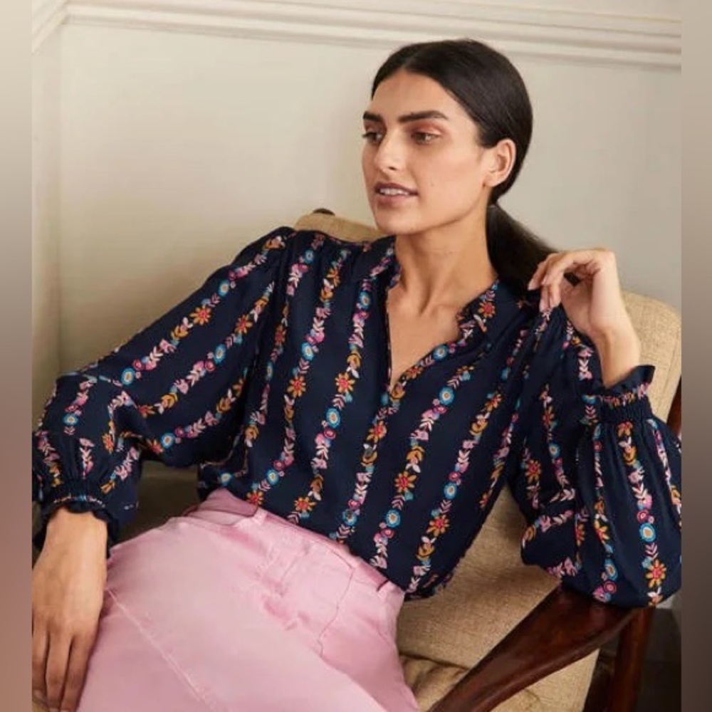 Boden Button Down Long-Sleeve Blouse in French Navy Floral Bloom